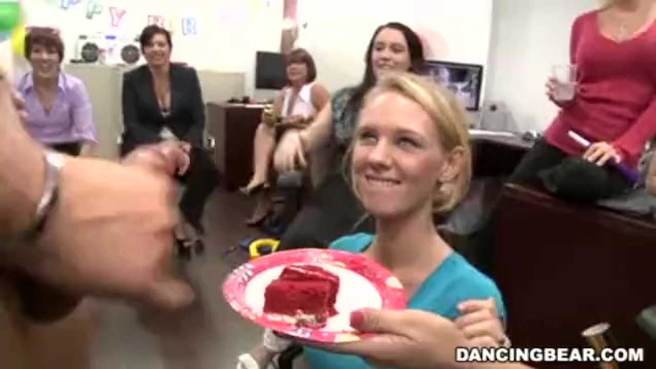 Horny Office Stripper - Male stripper cums on her slice of cake